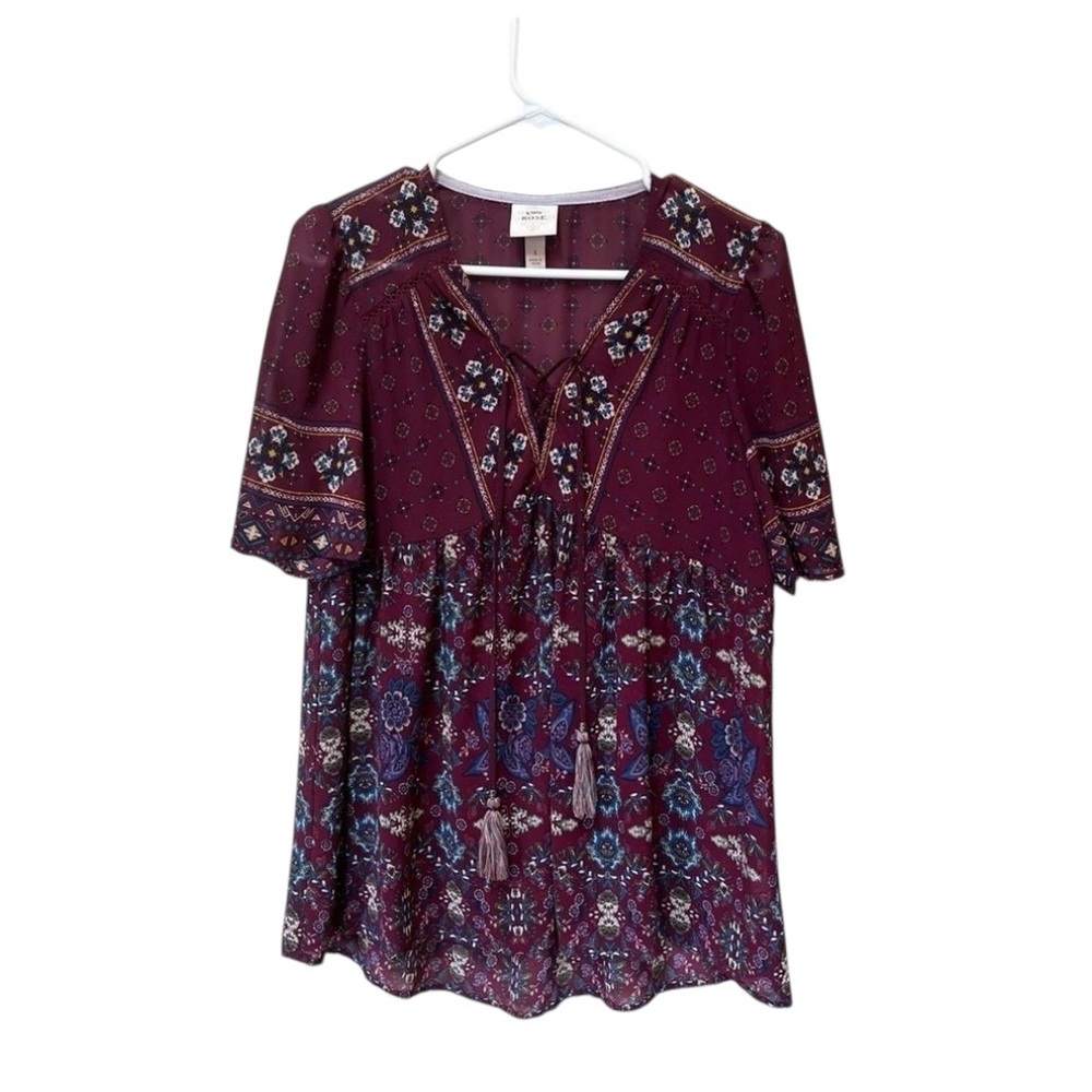 Knox Rose Burgundy Floral Babydoll Tunic Top Boho Small